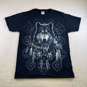 Y2K Native Dream Catcher Wolf Print T Shirt Black Medium Hanes HD Cotton Tag Wil